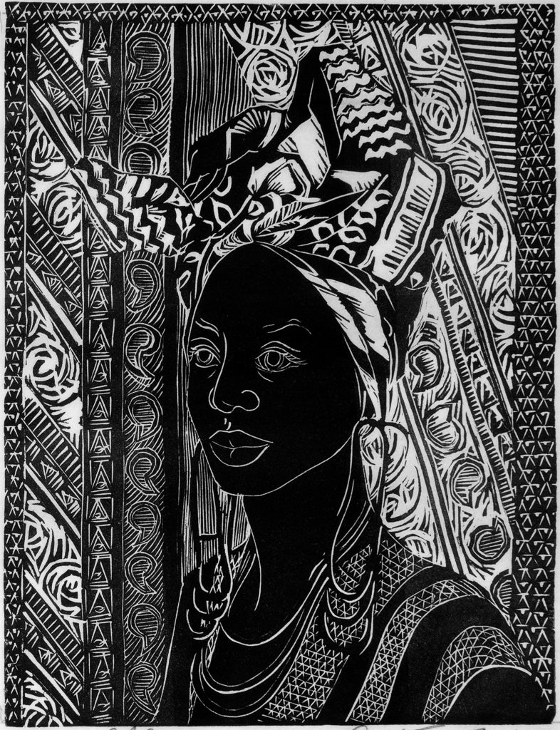 One of four images of the Black woman , these women represent the diverse personas among African American women. This modern woman displays her appreciation for traditional African artistry. 