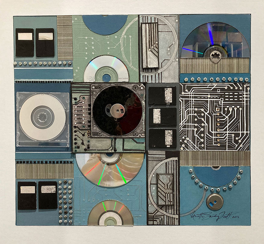 This assemblage is composed of recycled software, carpenter hardware and hand painted linoleum block prints which the reflect the patterns that power the electronics of today.